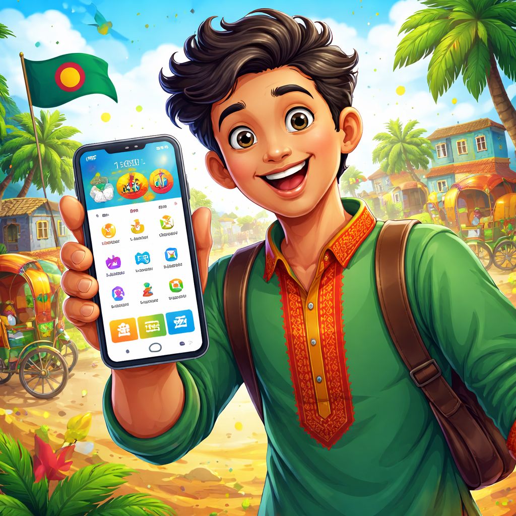 EQ99 cartoon-style mobile app character with smartphone and bright interface elements