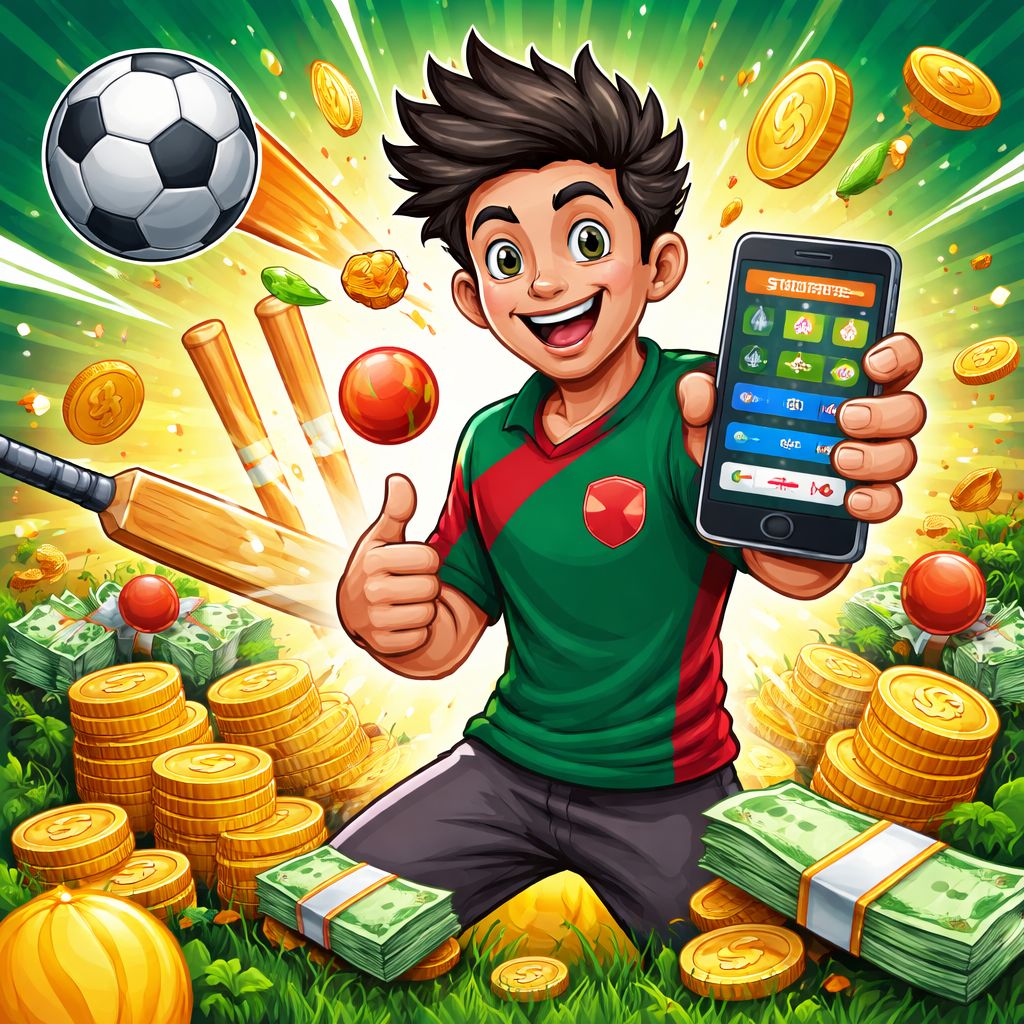 EQ99 themed cartoon betting character with sports icons and coins
