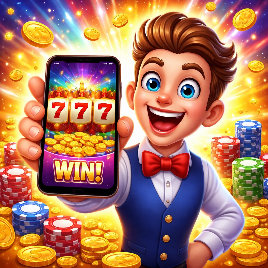 EQ99 Casino themed cartoon character with chips, phone, and casino rewards