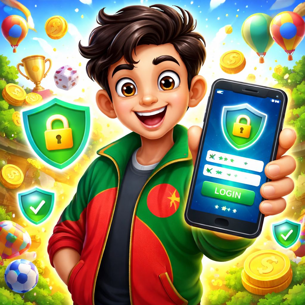 Cartoon character using a smartphone to access EQ99 login with secure digital elements