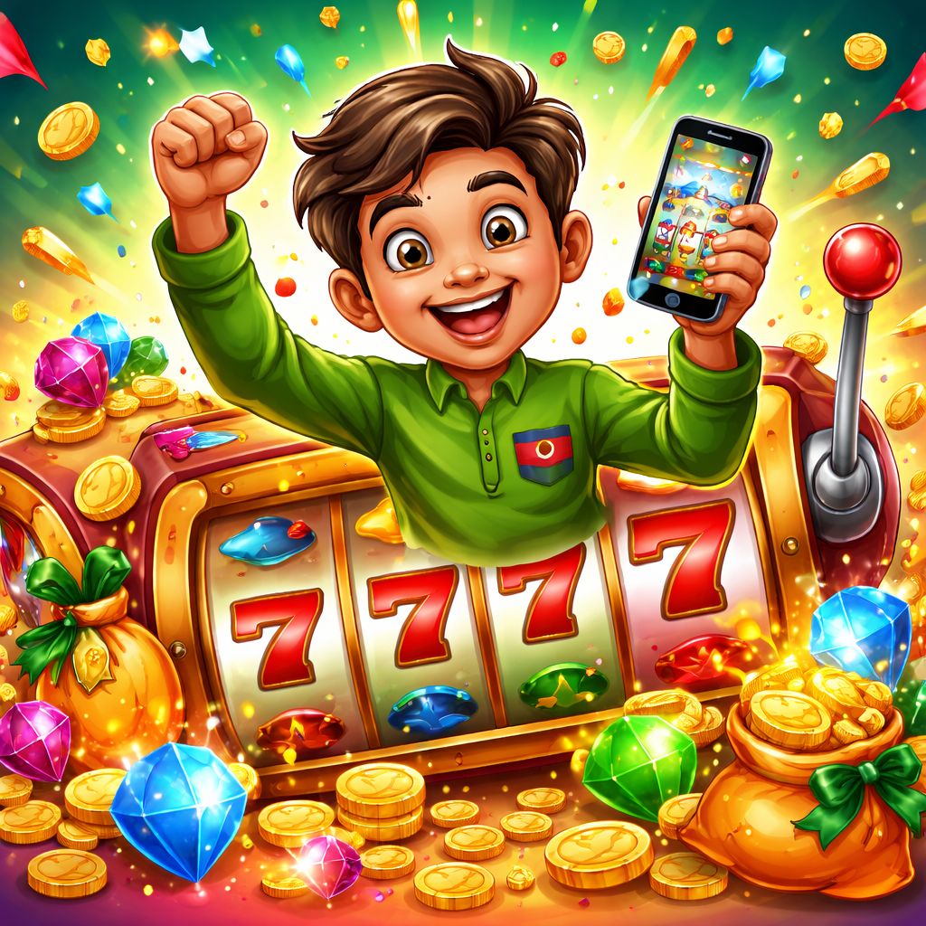 EQ99 cartoon slot character with coins and reels in a colorful gaming scene
